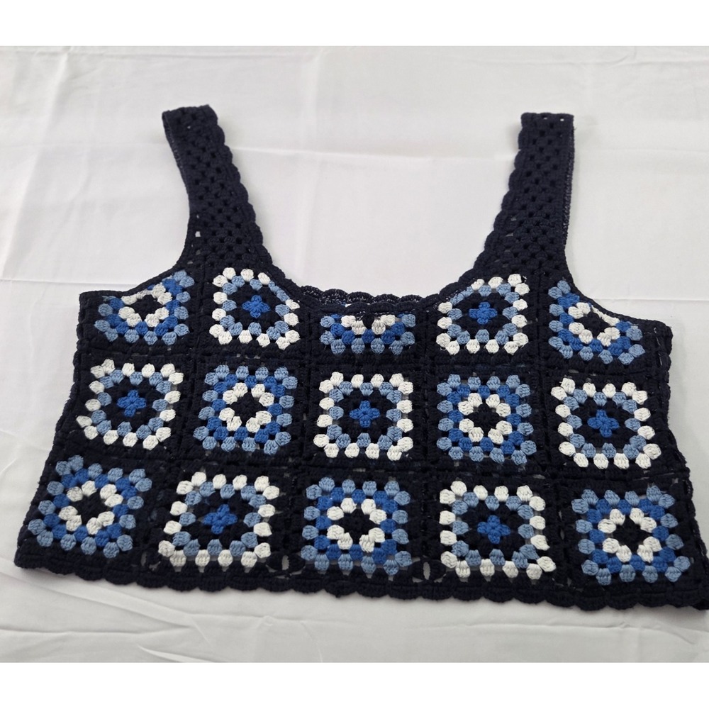 Sincerely Jules Crochet Tank Top Womens XL Blue Granny Square Cropped Boho Y2K